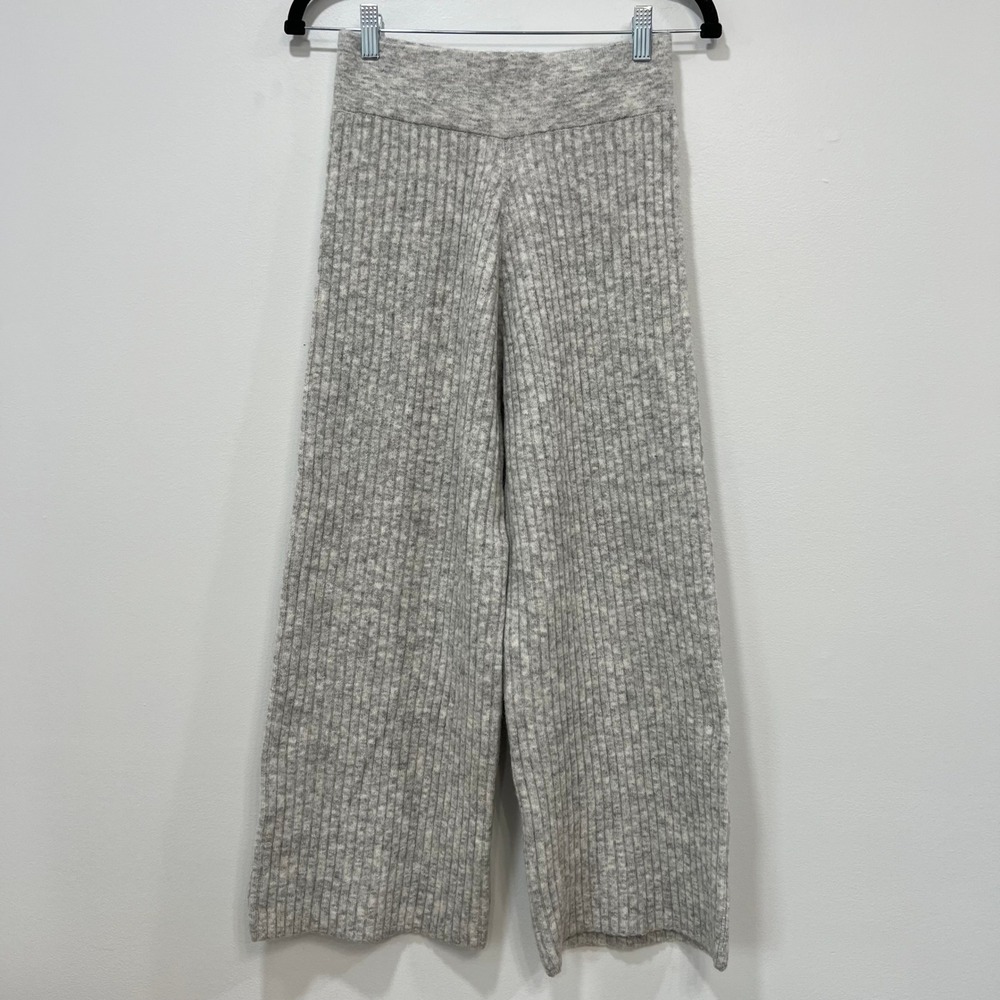 Ribbed Wide Leg Knit Pants - Light Gray